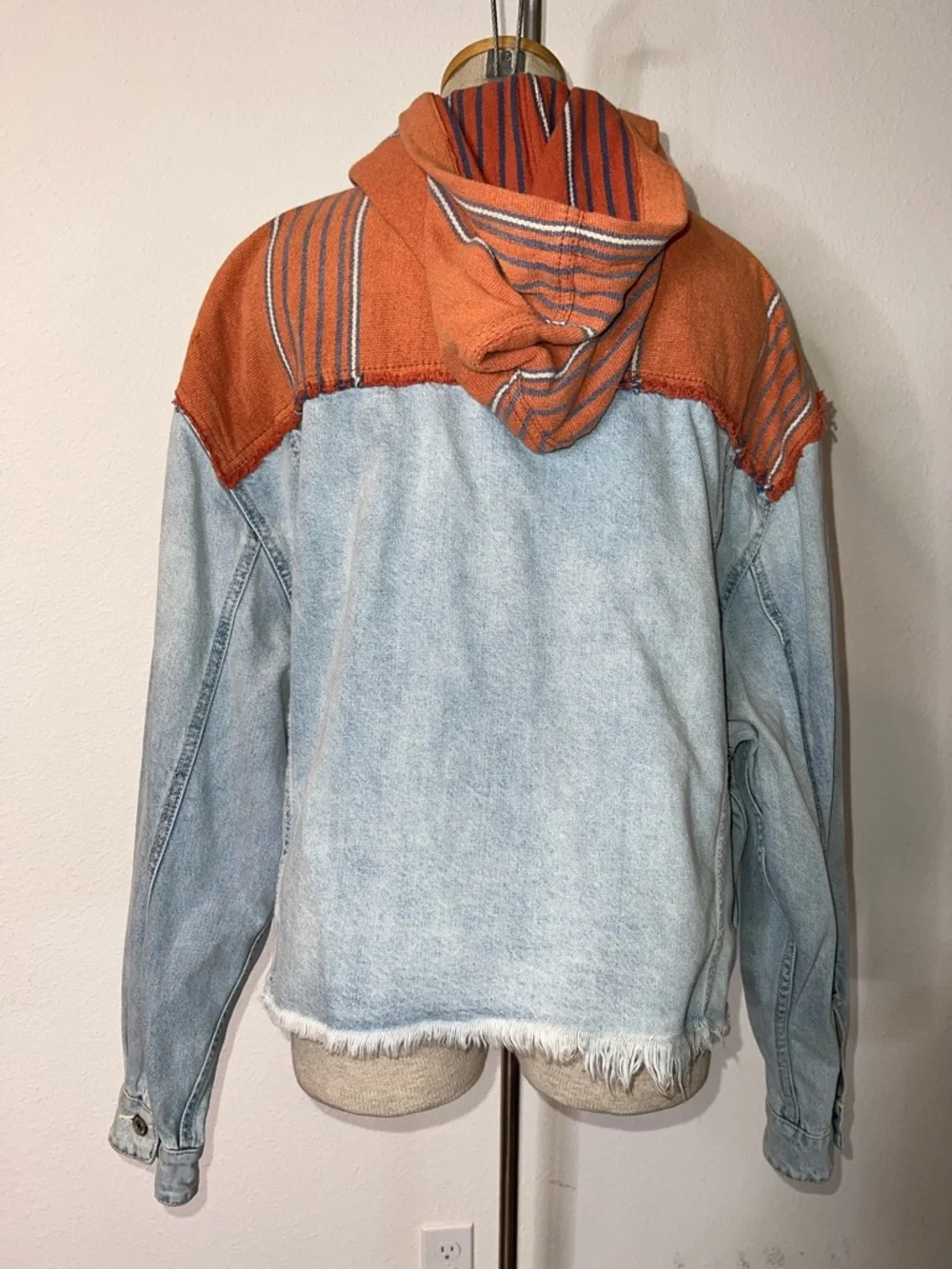 Free People Baja Hooded Light Wash Denim Jacket with Rust Orange Striped Hood - Picture 2 of 5